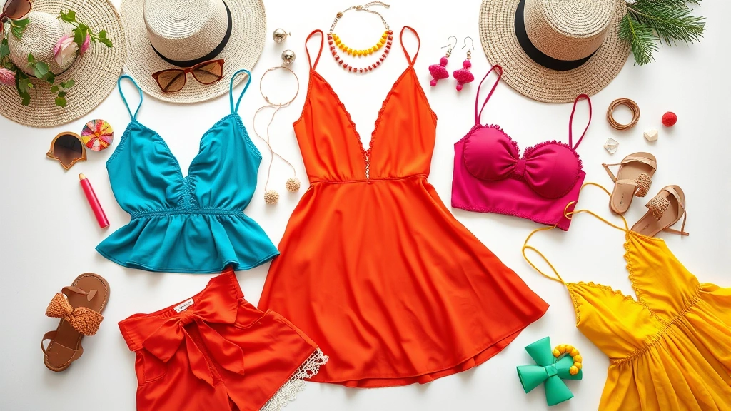 Flat lay of colorful Fashion Nova summer clothing pieces including mini dresses, crop tops, and accessories arranged artistically on white surface, vibrant seasonal colors, editorial fashion photography