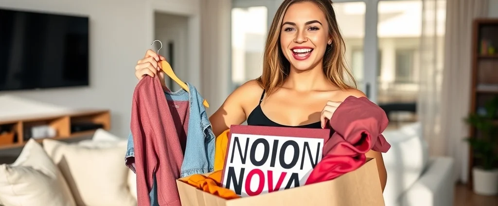 Young woman unboxing trendy Fashion Nova clothing in modern apartment, natural sunlight, excited expression, holding colorful fashion pieces
