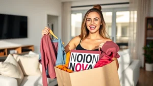 Young woman unboxing trendy Fashion Nova clothing in modern apartment, natural sunlight, excited expression, holding colorful fashion pieces