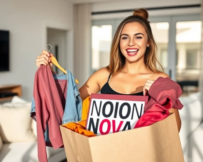 Young woman unboxing trendy Fashion Nova clothing in modern apartment, natural sunlight, excited expression, holding colorful fashion pieces
