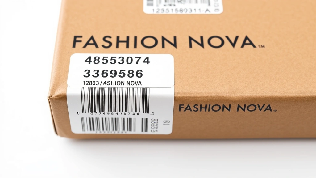 Close-up of shipping label and tracking barcode on Fashion Nova package, professional photography, clean white background with soft shadows