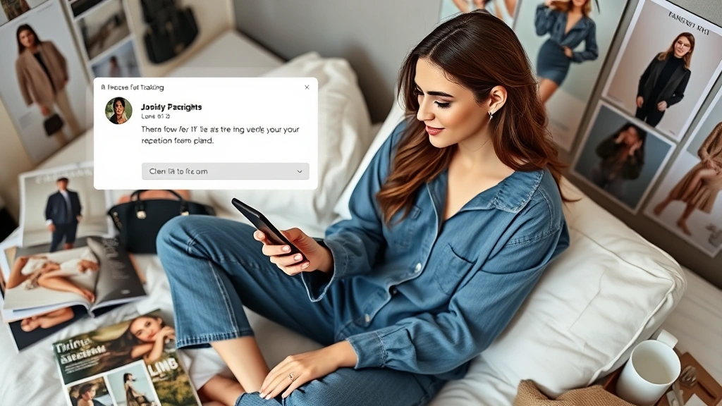 Fashion-forward woman checking phone for package tracking notification, sitting on bed surrounded by fashion magazines and style inspiration boards