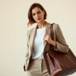 Woman in tailored neutral blazer and white tee, standing confidently with structured leather bag, warm natural lighting, minimalist aesthetic, professional yet approachable style