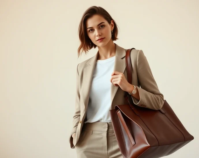 Woman in tailored neutral blazer and white tee, standing confidently with structured leather bag, warm natural lighting, minimalist aesthetic, professional yet approachable style