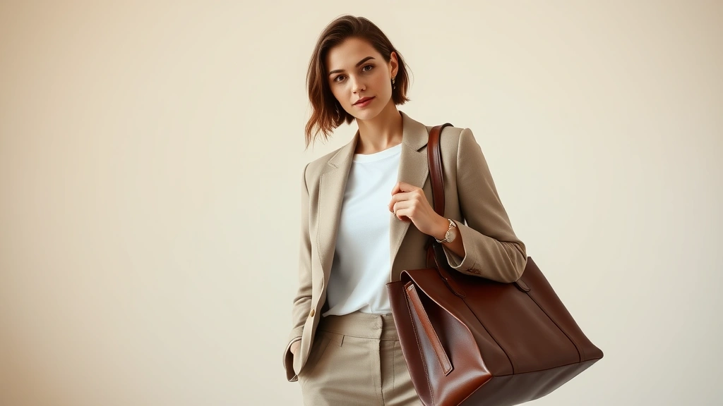Woman in tailored neutral blazer and white tee, standing confidently with structured leather bag, warm natural lighting, minimalist aesthetic, professional yet approachable style