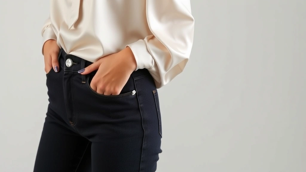 Woman wearing well-fitted dark jeans, silk blouse tucked in, statement earrings catching light, perfect posture radiating confidence, editorial fashion photography style