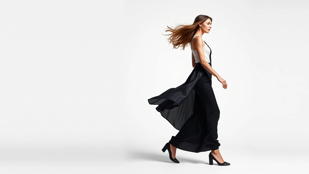 Fashion model in dynamic movement pose, walking and twirling, wearing contemporary outfit, captured mid-motion with natural flow and energy, professional fashion editorial aesthetic