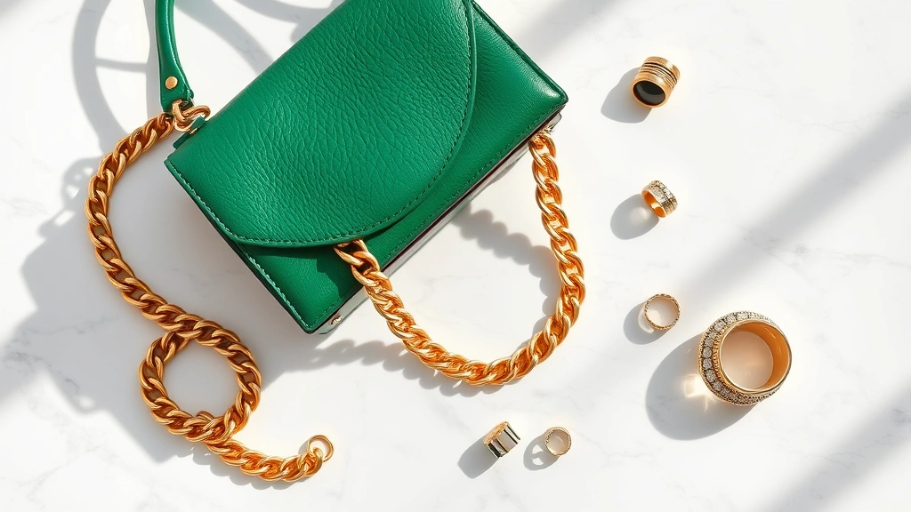 Overhead flat lay of luxury fashion accessories including oversized chunky gold chain necklace, structured leather handbag in rich emerald green, and statement rings on white marble surface with natural daylight