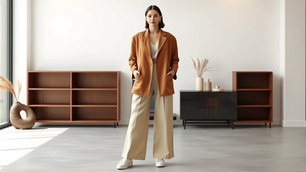 Full-length fashion photograph of woman wearing oversized camel wool blazer with wide-leg cream trousers, minimal jewelry, and white sneakers standing in modern minimalist interior space