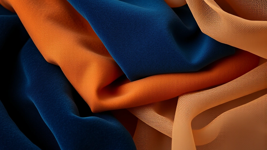 Detail shot of luxurious fabric textures including folded velvet in deep sapphire blue, organic cotton in warm terracotta, and sheer mesh material showing layered styling possibilities with soft studio lighting