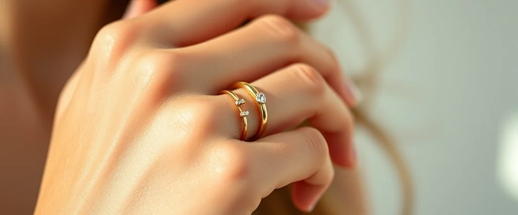 Close-up of woman's hand wearing layered gold and rose gold delicate rings with small gemstones, minimalist aesthetic, natural daylight, soft focus background, fashion jewelry photography