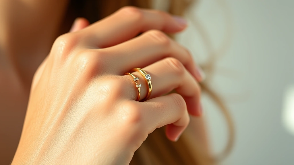 Close-up of woman's hand wearing layered gold and rose gold delicate rings with small gemstones, minimalist aesthetic, natural daylight, soft focus background, fashion jewelry photography