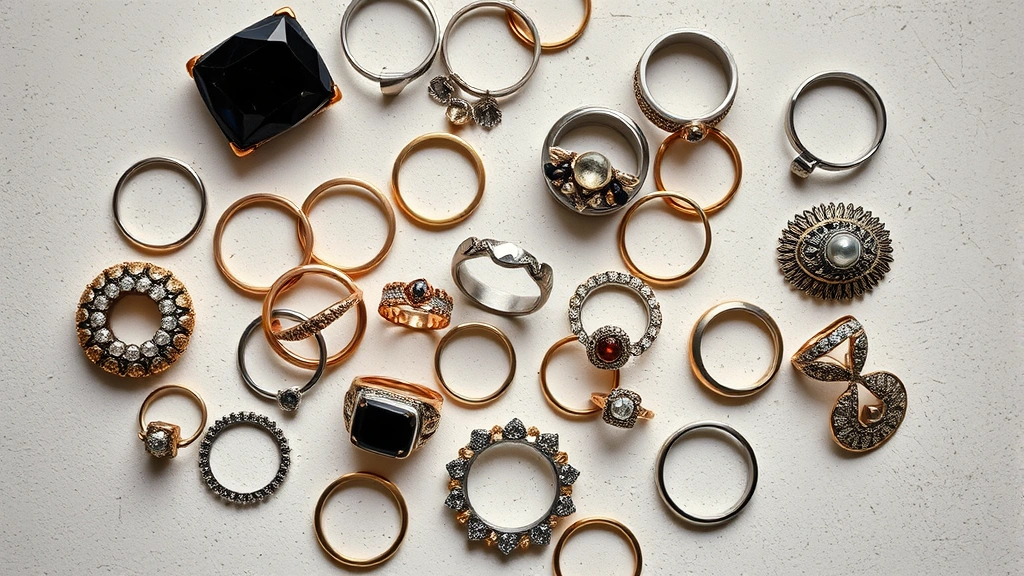 Overhead flat lay of diverse fashion rings collection including chunky statement ring, thin metallic bands, and vintage-inspired piece arranged artfully on neutral surface, professional jewelry styling