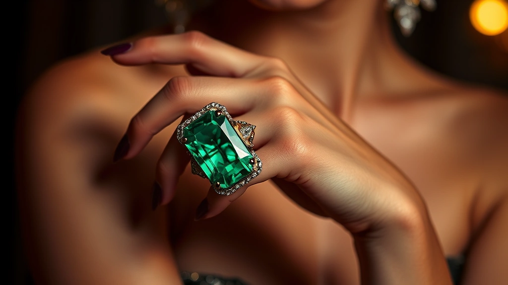 Woman's hand displaying oversized cocktail ring with large emerald gemstone and intricate metalwork, glamorous evening aesthetic, dramatic lighting, luxury jewelry showcase photography