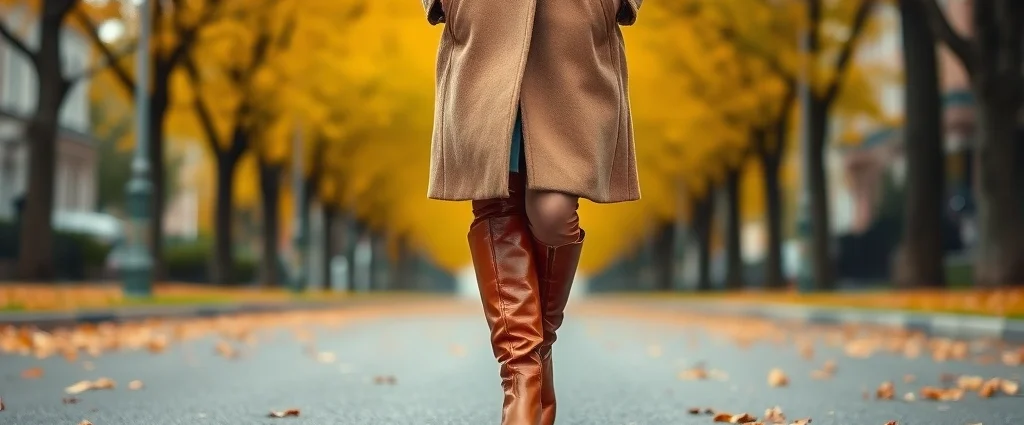 Woman wearing cognac leather knee-high boots with tailored camel wool coat, walking on autumn street lined with golden trees, professional sophisticated style, natural daylight