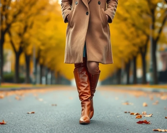 Woman wearing cognac leather knee-high boots with tailored camel wool coat, walking on autumn street lined with golden trees, professional sophisticated style, natural daylight