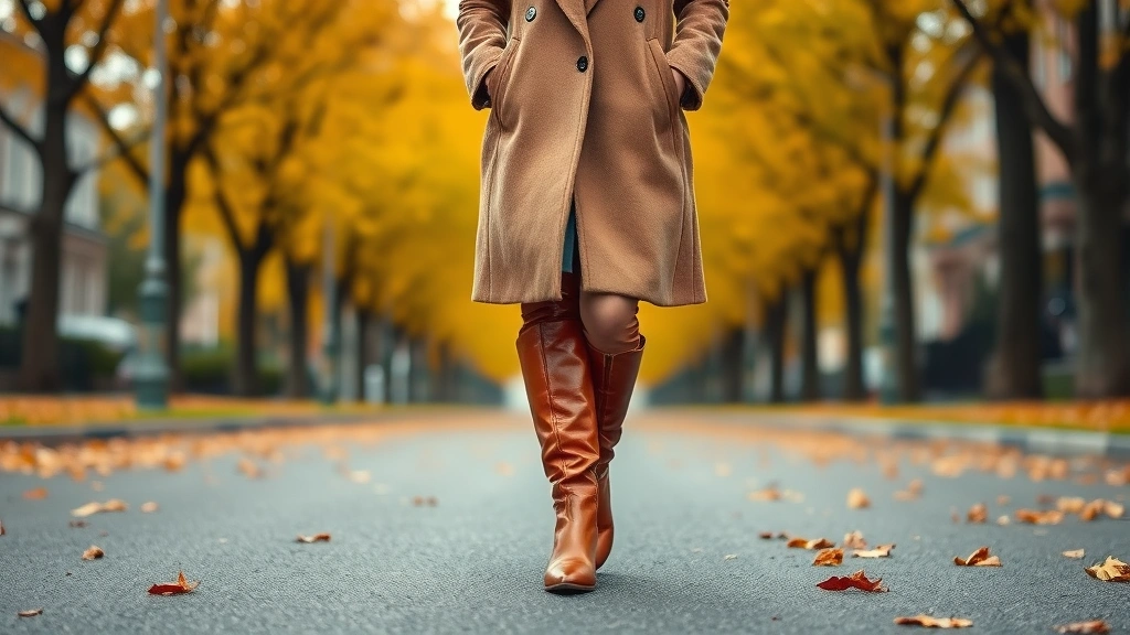 Woman wearing cognac leather knee-high boots with tailored camel wool coat, walking on autumn street lined with golden trees, professional sophisticated style, natural daylight