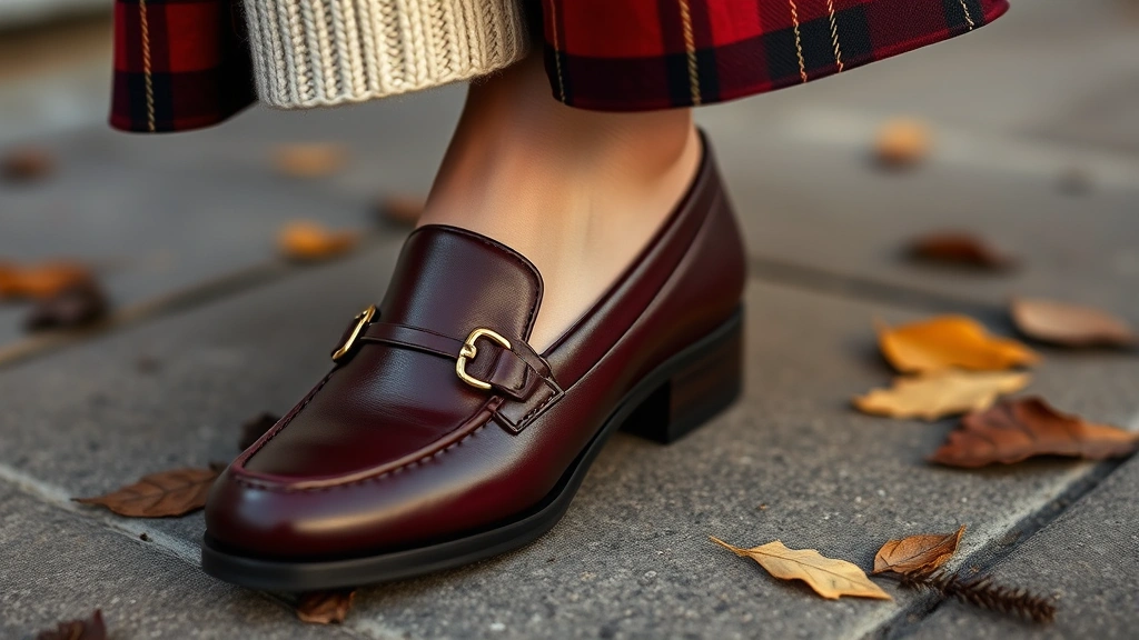 Close-up of luxury leather loafer in deep burgundy with gold hardware detail, styled with cream cable-knit sweater and burgundy plaid skirt, cozy fall aesthetic