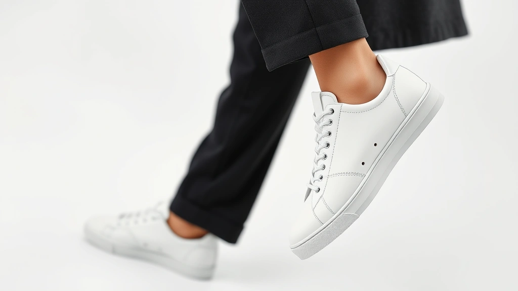 Minimalist white leather sneaker styled with oversized charcoal blazer and black tailored trousers, modern professional look, clean contemporary fashion photography
