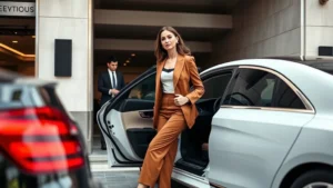 Elegant woman in designer outfit stepping out of luxury car at upscale venue entrance, professional valet in background, modern parking garage architecture visible, confident polished appearance, daytime lighting