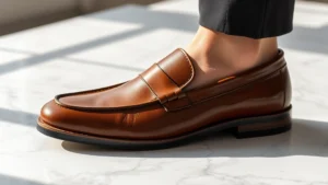 Close-up of luxury leather loafer slip-on shoe in cognac brown, pristine condition, photographed on marble surface with soft natural lighting, minimalist aesthetic, high fashion editorial style