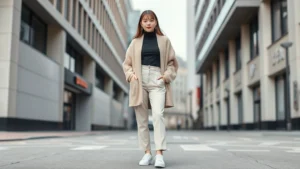 Young woman wearing oversized beige cardigan over fitted black turtleneck and high-waisted cream trousers, white minimalist sneakers, standing on urban Seoul street with modern architecture background, natural daylight, confident posture, clean aesthetic