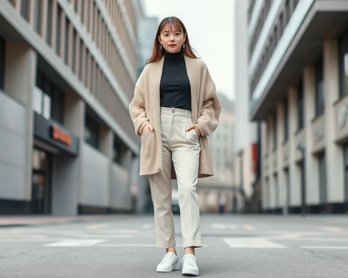 Young woman wearing oversized beige cardigan over fitted black turtleneck and high-waisted cream trousers, white minimalist sneakers, standing on urban Seoul street with modern architecture background, natural daylight, confident posture, clean aesthetic