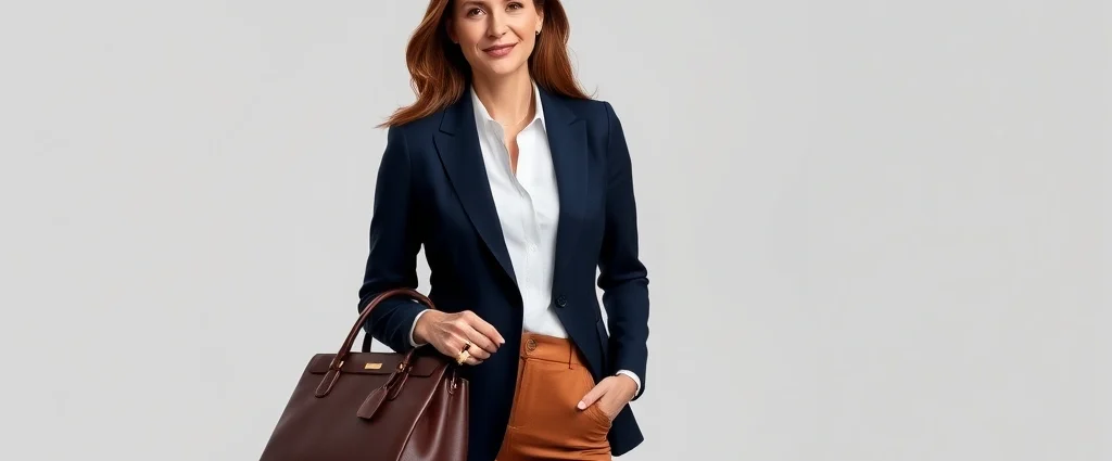 Woman wearing perfectly tailored navy blazer, white button-down shirt, and caramel trousers, standing confidently with structured leather handbag and gold jewelry, professional lighting, neutral background, embodying polished elegance