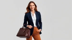 Woman wearing perfectly tailored navy blazer, white button-down shirt, and caramel trousers, standing confidently with structured leather handbag and gold jewelry, professional lighting, neutral background, embodying polished elegance
