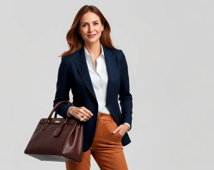 Woman wearing perfectly tailored navy blazer, white button-down shirt, and caramel trousers, standing confidently with structured leather handbag and gold jewelry, professional lighting, neutral background, embodying polished elegance