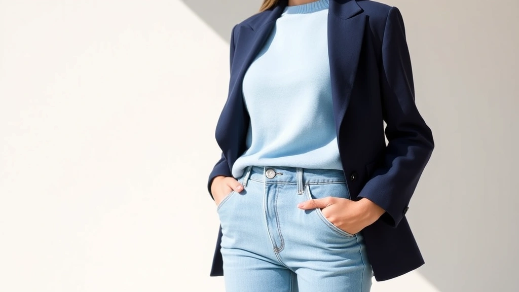 Woman in monochromatic outfit wearing light blue sweater, medium blue jeans, and navy blazer, demonstrating color coordination and vertical proportion, standing in natural light, sophisticated and elongating silhouette