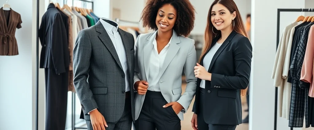 Professional fashion stylist consulting with diverse woman in modern boutique, examining fitted blazer and tailored pants together, natural lighting, style advice session, confident client
