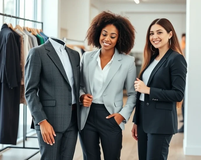 Professional fashion stylist consulting with diverse woman in modern boutique, examining fitted blazer and tailored pants together, natural lighting, style advice session, confident client