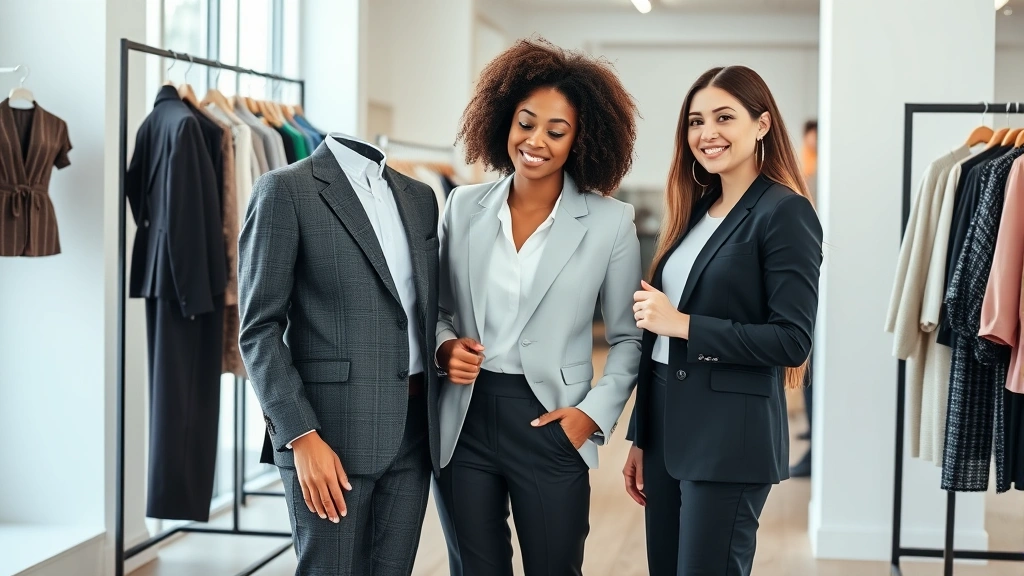 Professional fashion stylist consulting with diverse woman in modern boutique, examining fitted blazer and tailored pants together, natural lighting, style advice session, confident client