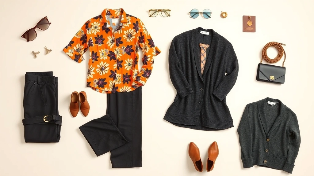 Overhead flat lay of coordinated outfit pieces for pear-shaped body type, including bright patterned blouse, dark neutral wide-leg trousers, structured cardigan, and accessories arranged on light background