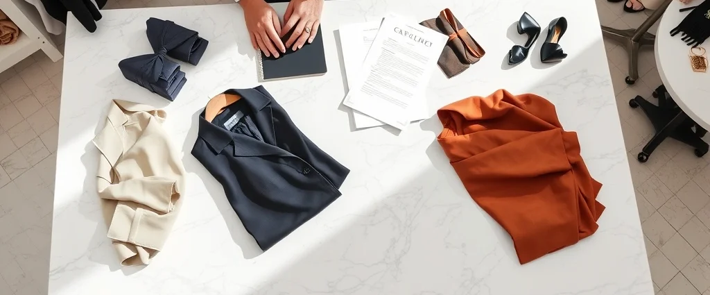 Professional fashion stylist arranging designer clothing on a white marble table with fabric swatches and styling notes, natural studio lighting, luxury fashion editorial aesthetic