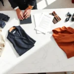 Professional fashion stylist arranging designer clothing on a white marble table with fabric swatches and styling notes, natural studio lighting, luxury fashion editorial aesthetic