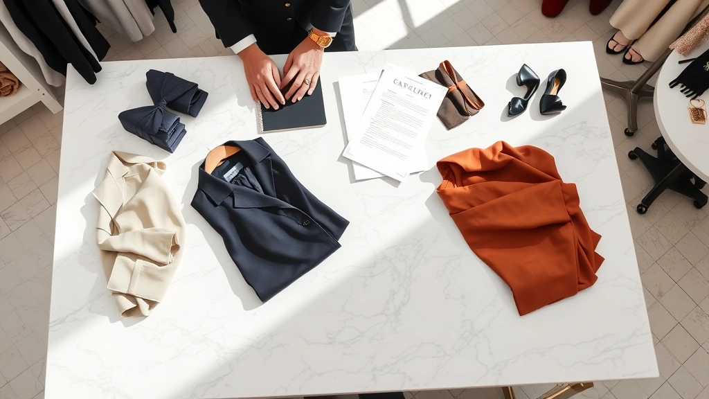 Professional fashion stylist arranging designer clothing on a white marble table with fabric swatches and styling notes, natural studio lighting, luxury fashion editorial aesthetic