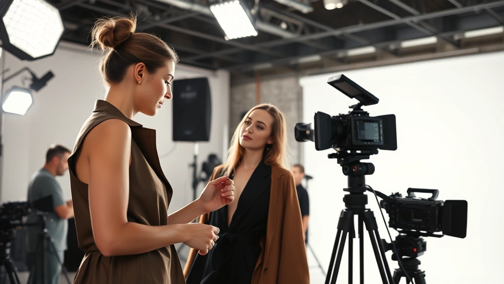 Fashion stylist on film or television production set styling actor with costume pieces, professional lighting equipment visible, collaborative creative environment, behind-the-scenes styling work