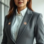 Professional woman wearing smart fabric jacket with integrated LED technology, minimalist modern office setting, natural lighting, sophisticated neutral color palette, close-up of fabric texture showing embedded sensors, photorealistic fashion editorial style