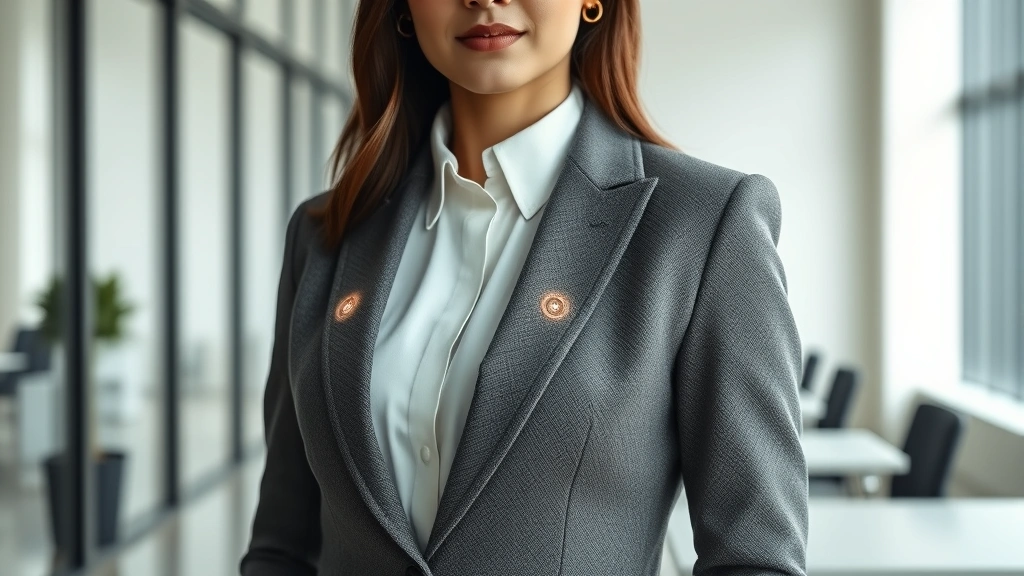 Professional woman wearing smart fabric jacket with integrated LED technology, minimalist modern office setting, natural lighting, sophisticated neutral color palette, close-up of fabric texture showing embedded sensors, photorealistic fashion editorial style