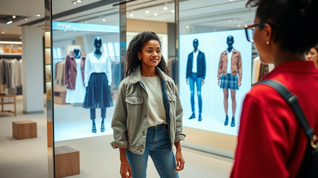Young diverse person standing in front of smart mirror display showing virtual clothing try-on, augmented reality interface overlaying different outfit options on body, modern retail environment, bright contemporary space, dynamic fashion moment