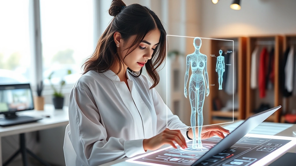 Luxury fashion designer working with 3D holographic design interface, creating virtual garment prototypes, sustainable design studio, ambient lighting highlighting the digital design tools, professional fashion technology environment, immersive tech aesthetic