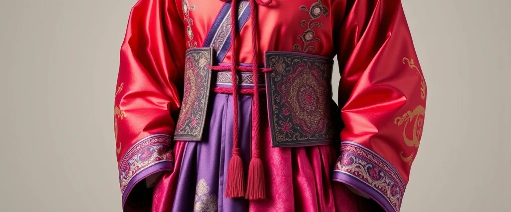 Traditional Joseon Dynasty hanbok with vibrant silk chima and jeogori jacket, featuring ornate otgoreum ties and intricate embroidery details, elegant high-waisted silhouette against neutral background, photorealistic historical fashion