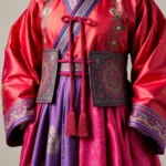 Traditional Joseon Dynasty hanbok with vibrant silk chima and jeogori jacket, featuring ornate otgoreum ties and intricate embroidery details, elegant high-waisted silhouette against neutral background, photorealistic historical fashion