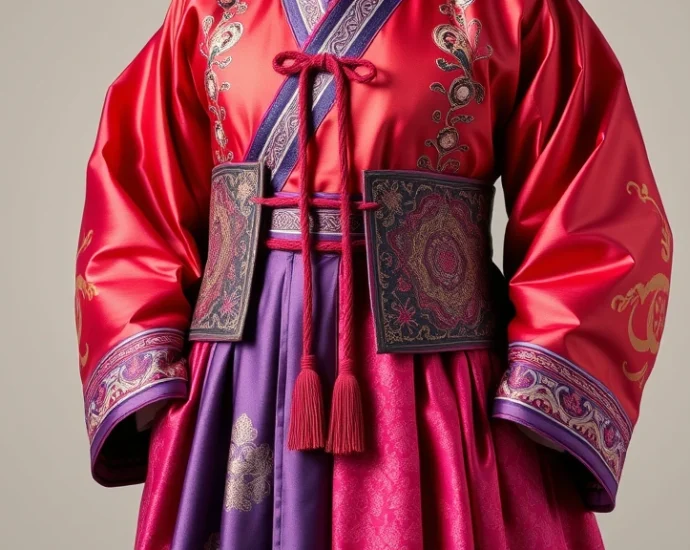 Traditional Joseon Dynasty hanbok with vibrant silk chima and jeogori jacket, featuring ornate otgoreum ties and intricate embroidery details, elegant high-waisted silhouette against neutral background, photorealistic historical fashion
