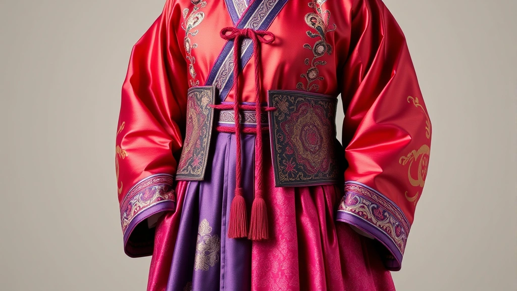 Traditional Joseon Dynasty hanbok with vibrant silk chima and jeogori jacket, featuring ornate otgoreum ties and intricate embroidery details, elegant high-waisted silhouette against neutral background, photorealistic historical fashion