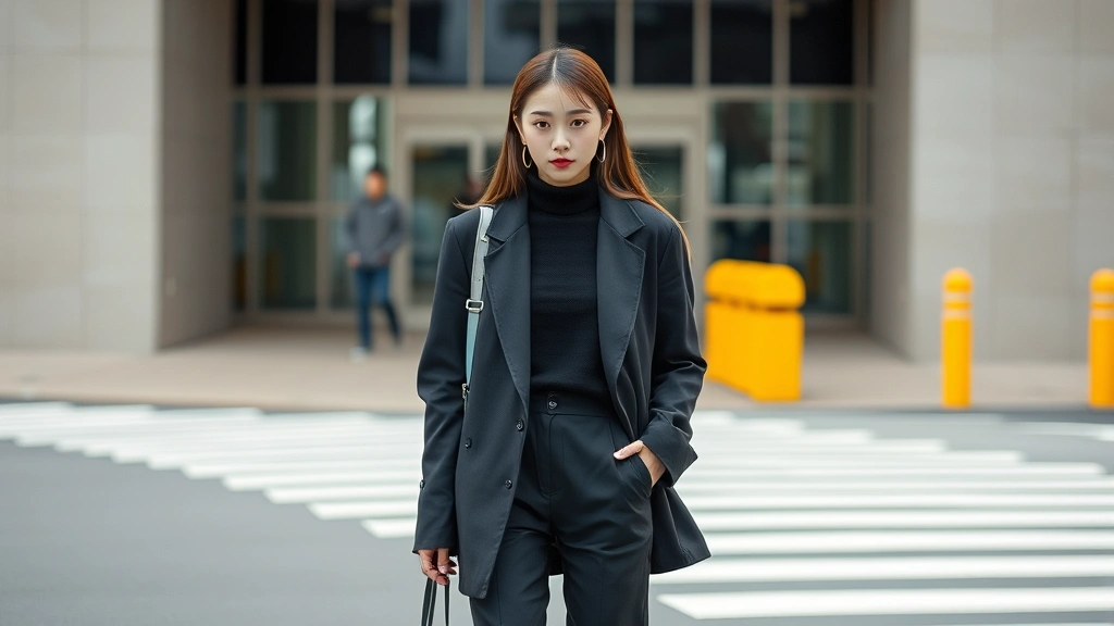 Modern Seoul street style featuring young Korean woman wearing contemporary minimalist outfit blending Western and Korean aesthetic, sophisticated styling with attention to proportion and color coordination, urban fashion photography