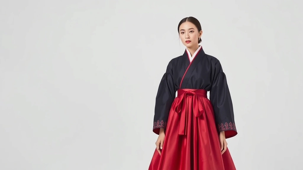 Contemporary hanbok modern interpretation showing fusion design with traditional proportions but updated fabrication and silhouette, styled for young woman, contemporary fashion photography showcasing hanbok revival