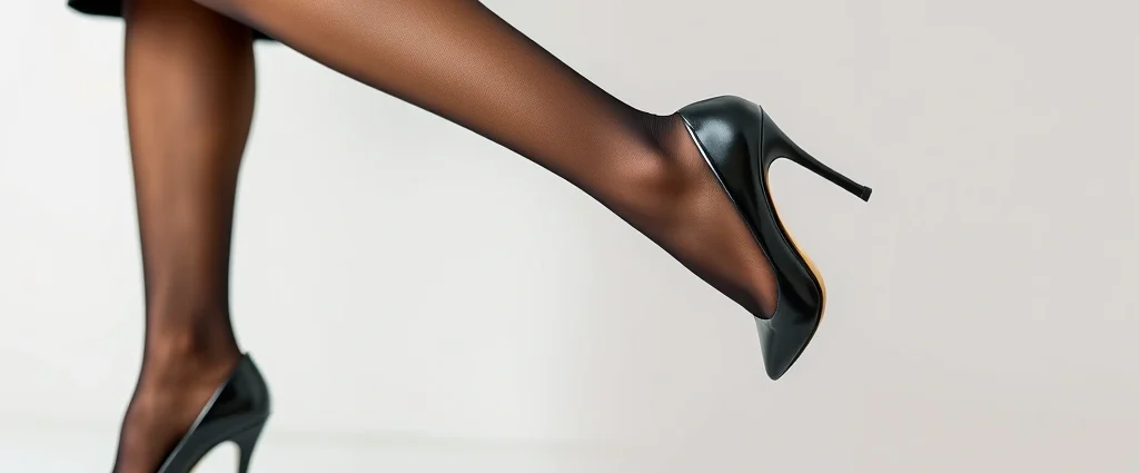 Woman wearing sheer black luxury tights with elegant black heels and tailored dress, close-up of leg and foot, professional styling, neutral background, natural lighting
